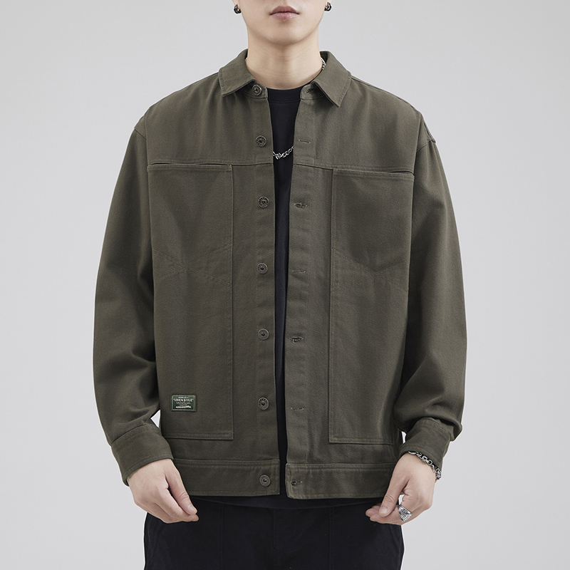 美式复古纯棉工装夹克男宽松翻领