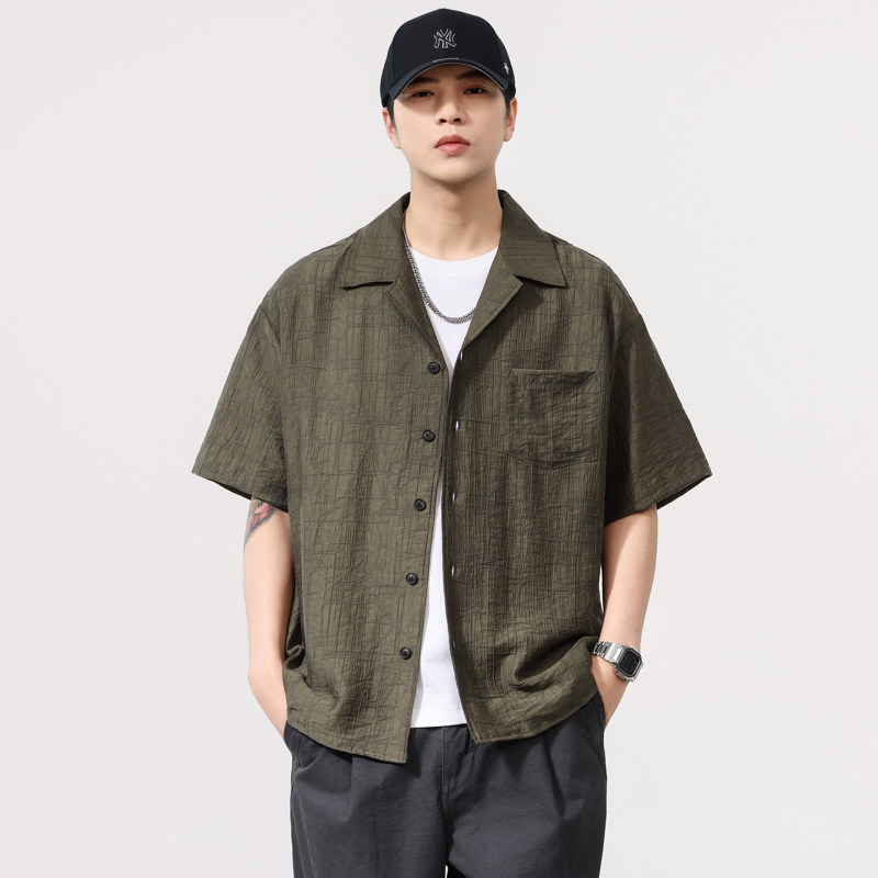美式复古108g莱赛尔短袖衬衫男2025夏季宽松大码衬衣休闲开衫外套
