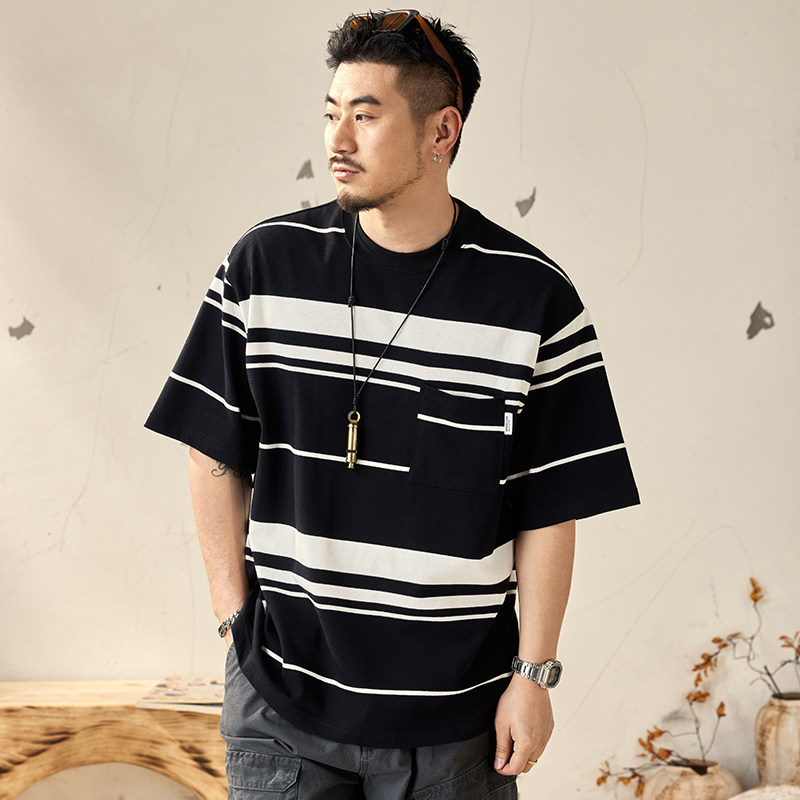 美式高级感黑白条纹重磅纯棉短袖t恤男2024夏季宽松休闲半袖体恤