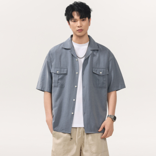 男2026夏季 美式 衬衫 短袖 宽松休闲衬衣 高端天丝亚麻混纺古巴领工装