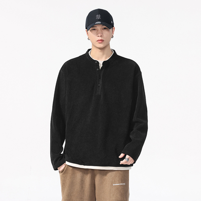 秋季做旧假两件亨利领长袖T恤男