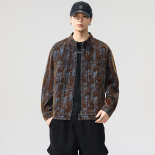 夹克 宽松立领工装 美式 复古设计感铁锈质感植绒牛仔外套男2025秋季