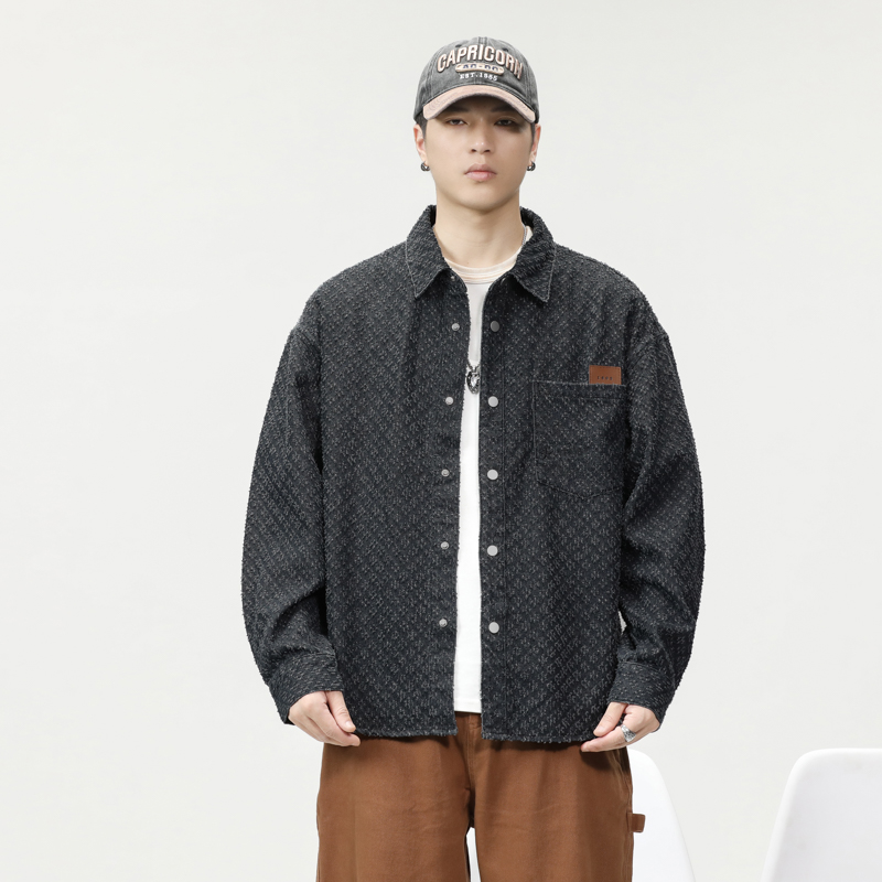 秋季宽松石磨猫爪牛仔长袖衬衫男