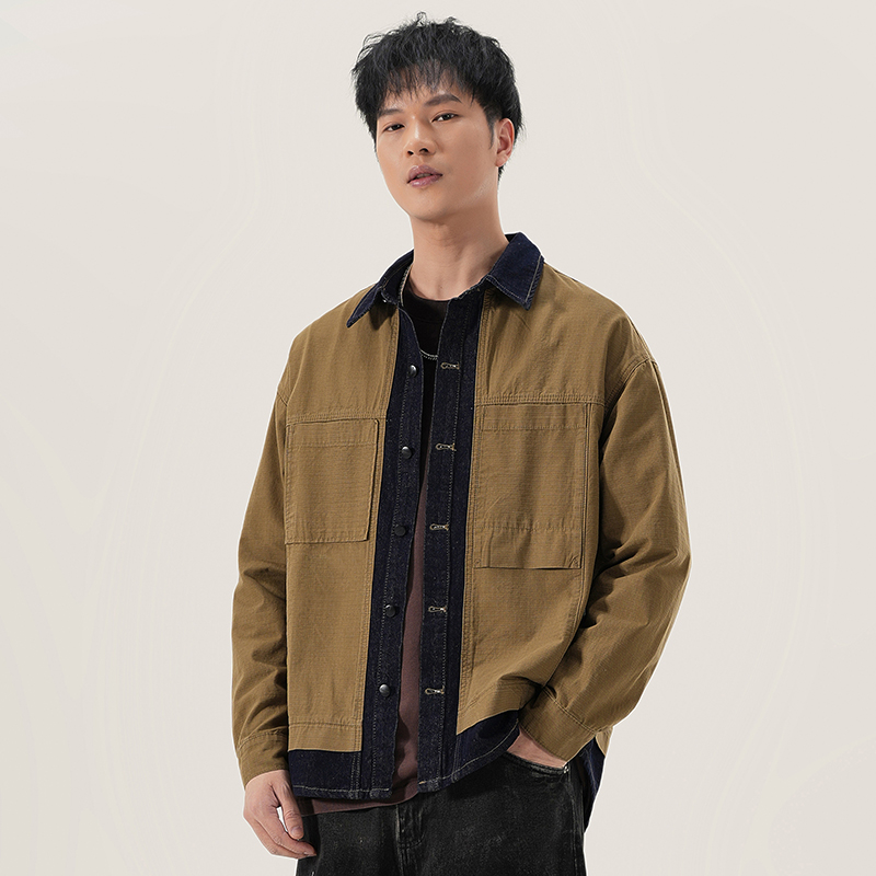 美式复古假两件工装夹克男2025春季潮牌宽松大码休闲翻领牛仔外套