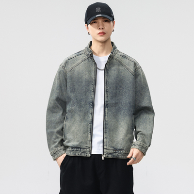 重结构机车立领水洗牛仔外套男
