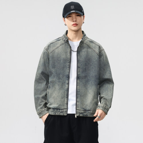 重结构机车立领水洗牛仔外套男