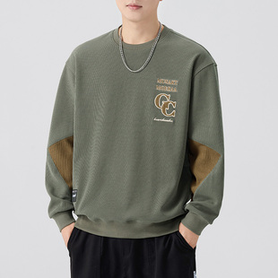 美式重磅380g拼接刺绣撞色圆领卫衣男2025秋季新款宽松休闲上衣潮