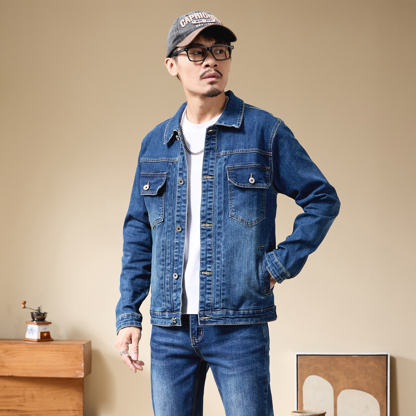 韩版修身翻领休闲工装牛仔外套男