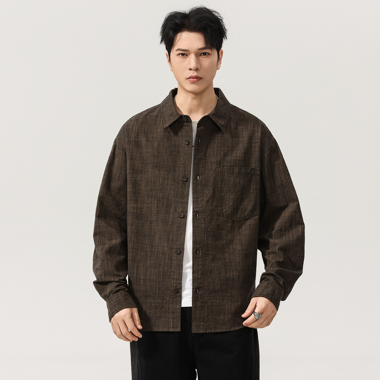 美式复古老钱风仿麻长袖衬衫男2026春季竹节纯棉宽松休闲衬衣外套