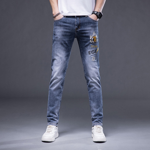 欧洲站高端刺绣花牛仔裤男潮牌2025秋冬季修身小脚弹力休闲长裤子