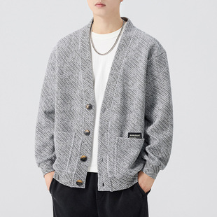 美式高级感V领针织衫开衫夹克男2025秋季新款宽松休闲毛衣外套潮