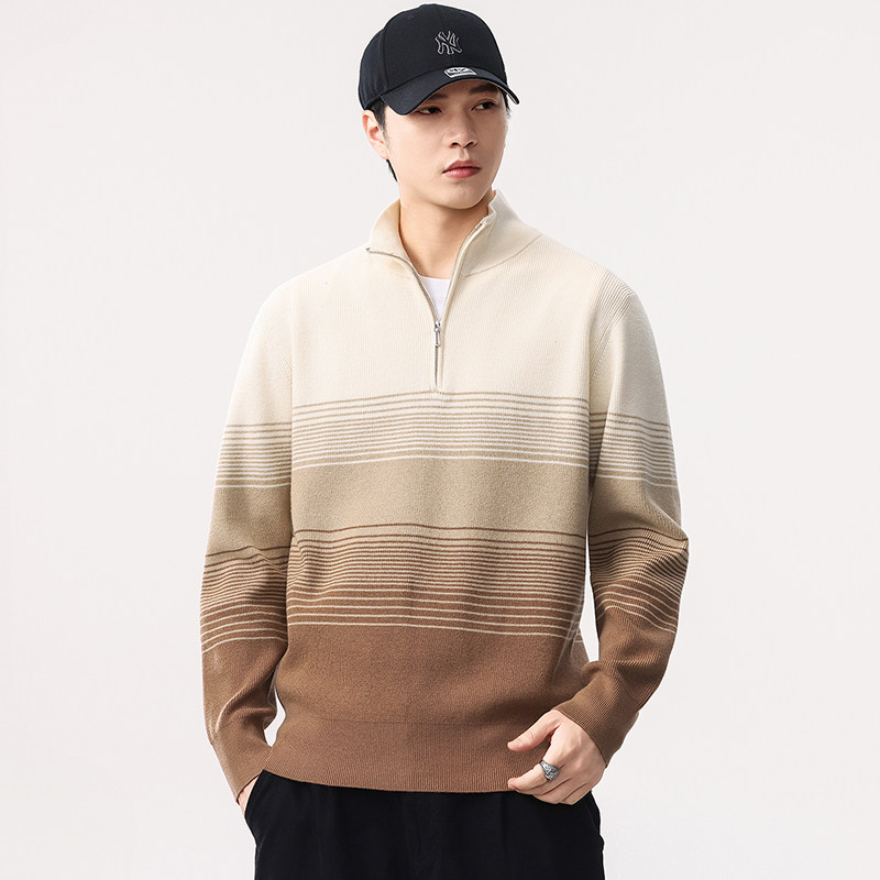 高级感渐变条纹立领半拉链毛衣男2025秋冬宽松通勤休闲针织衫外套