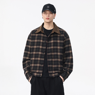 外套 老钱风短款 美式 复古羊毛混纺格纹翻领夹克男2025秋冬重磅长袖