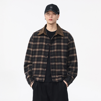 美式复古羊毛混纺格纹翻领夹克男