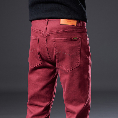 秋冬枣红色牛仔长裤男弹力修身