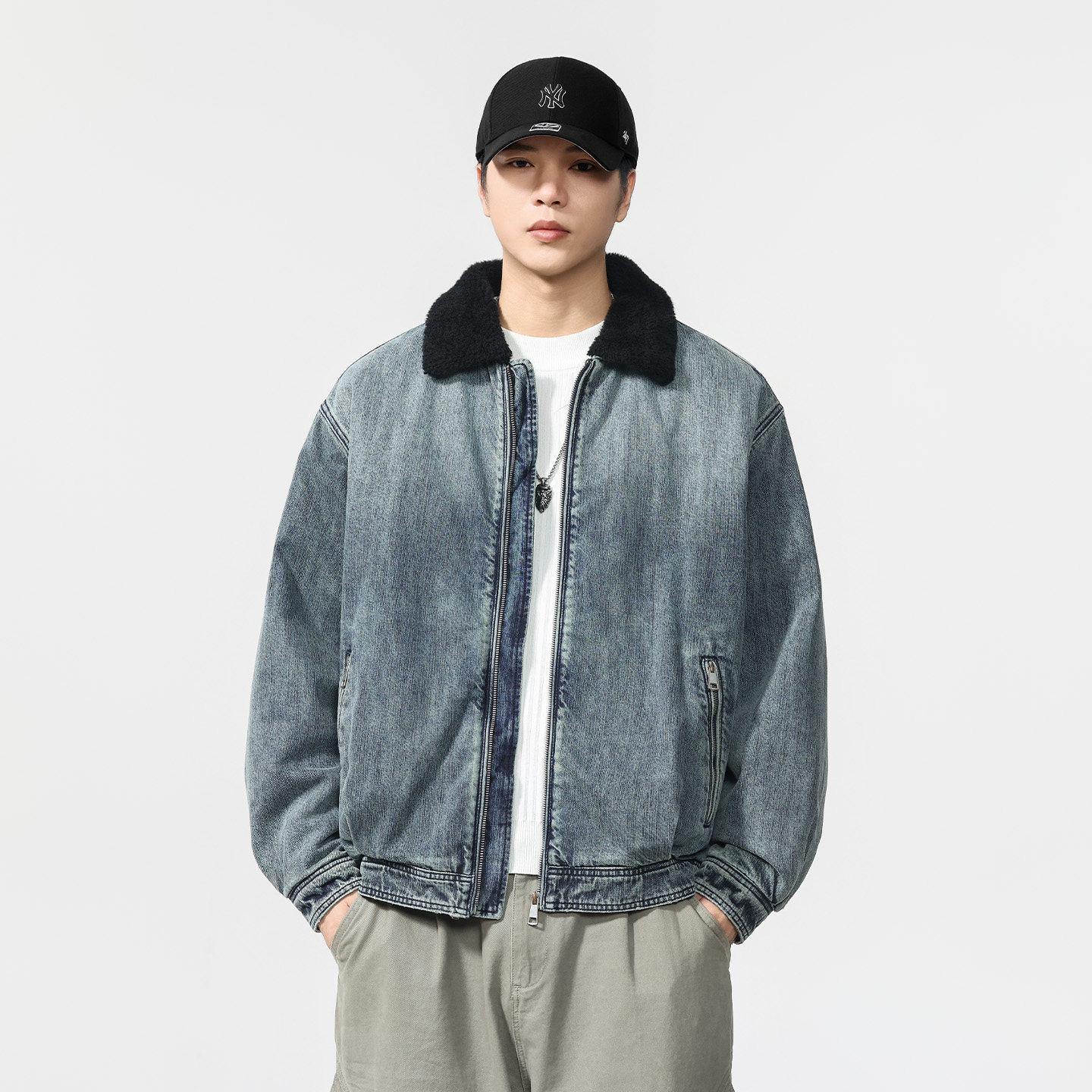 竹节纹加厚羊羔绒牛仔棉服外套男