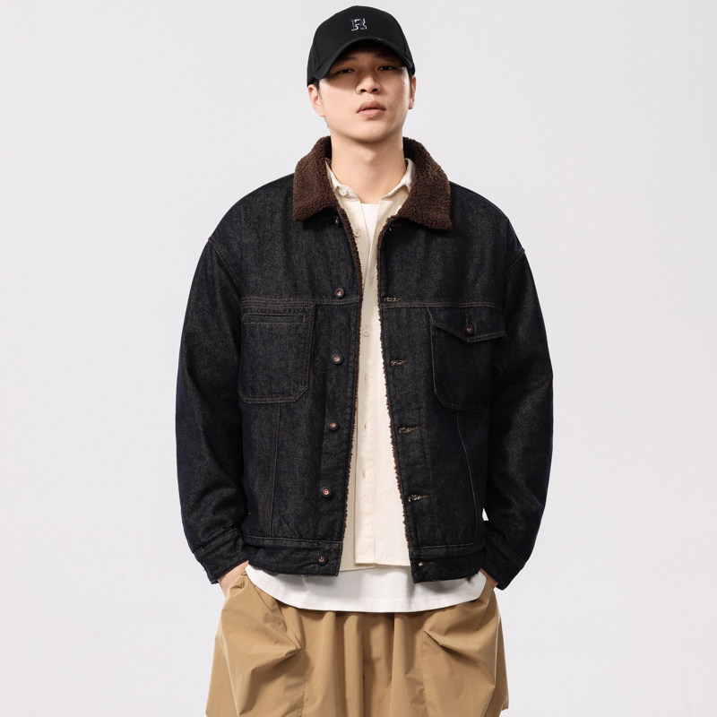 冬季宽松加绒加厚工装牛仔外套男