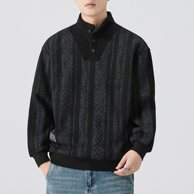 重磅宽松纹理感半排扣立领卫衣男