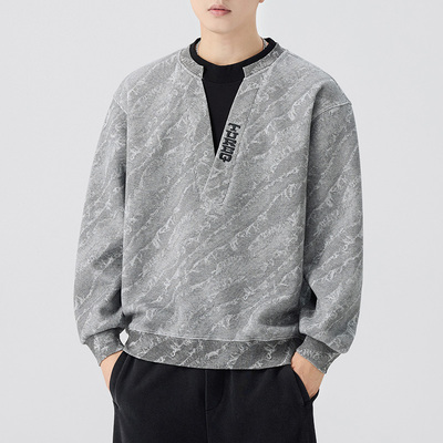 秋季400g重磅假两件V领卫衣男