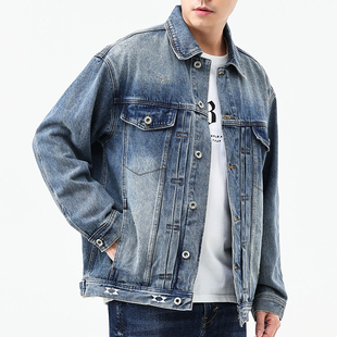 宽松潮牌翻领夹克 牛仔外套男2023年春季 美式 高端复古水洗重磅工装