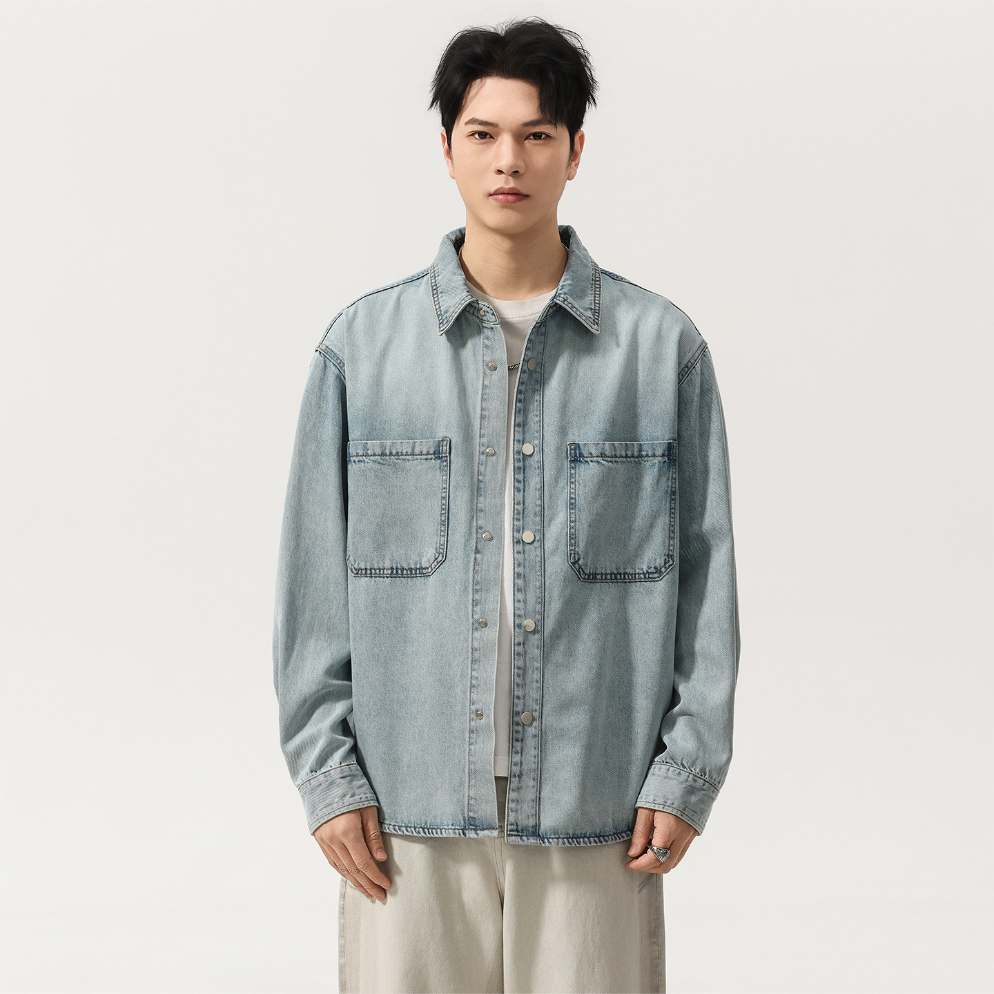 美式复古莱赛尔精棉牛仔衬衫男2026春季新款宽松水洗口袋工装外套