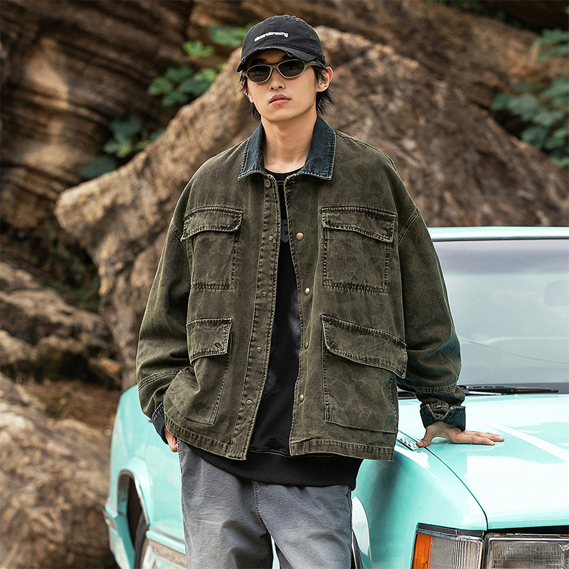 美式重磅潮牌水洗宽松迷彩夹克男