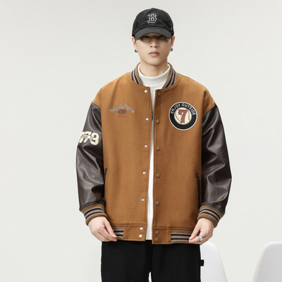 冬季宽松PU皮撞色拼接棒球服男