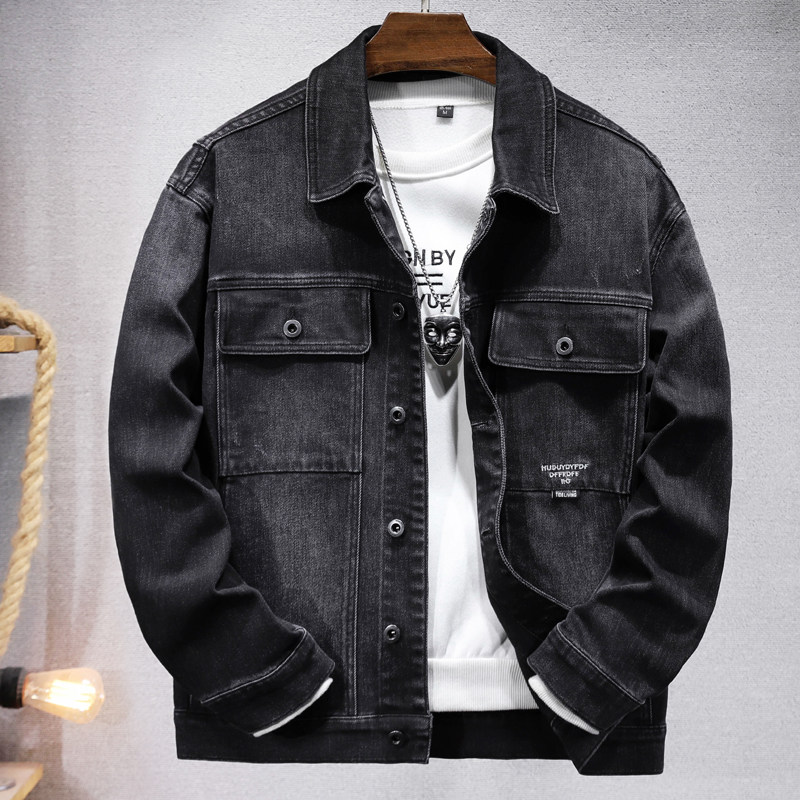 高级感黑灰色牛仔外套男2024秋季新款宽松大码休闲翻领工装夹克潮