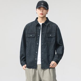 宽松纯棉工装 美式 2025秋季 男长袖 衬衣外套潮 复古酵素水洗牛仔衬衫