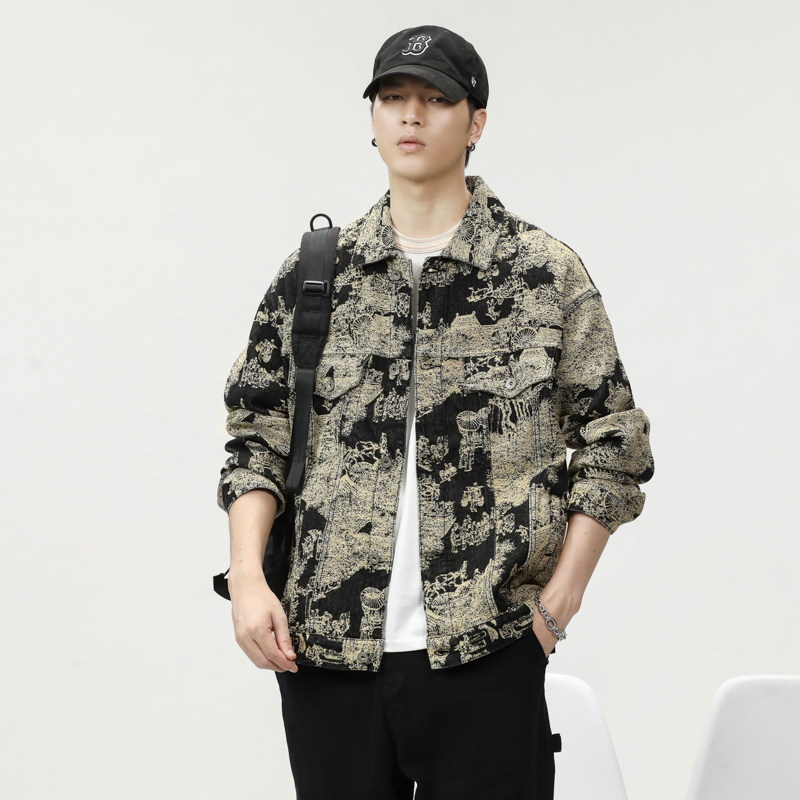 高级感小众复古提花牛仔外套男2023秋季潮牌宽松休闲翻领工装夹克