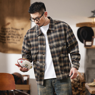 美式重磅水洗复古格子长袖衬衫男2025秋季宽松百搭纯棉休闲衬衣潮