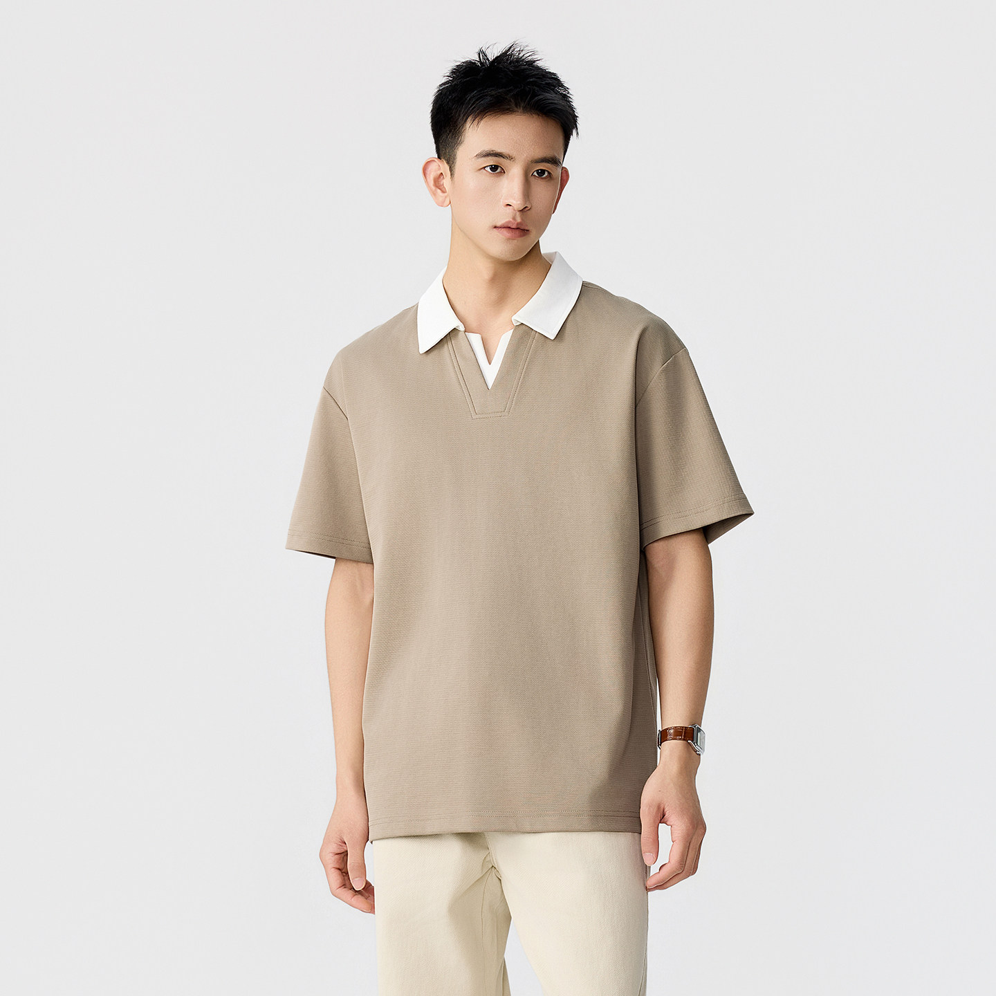 2026夏季新款凉感双V领短袖POLO衫男翻领拼接上衣服衬衫领半袖T恤