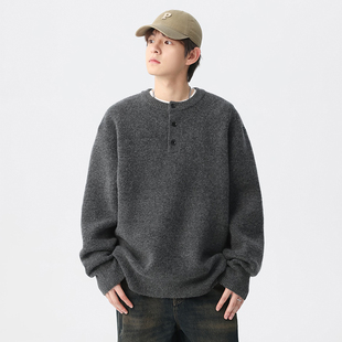 外套潮 男2025秋冬亨利领毛衣加厚针织衫 美式 复古630g重磅绵羊毛衫