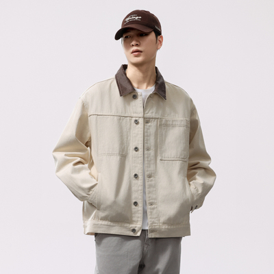 美式巴恩风撞色翻领工装外套男