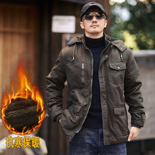 美式复古加绒连帽棉衣外套男2024冬季宽松户外工装棉服飞行员夹克