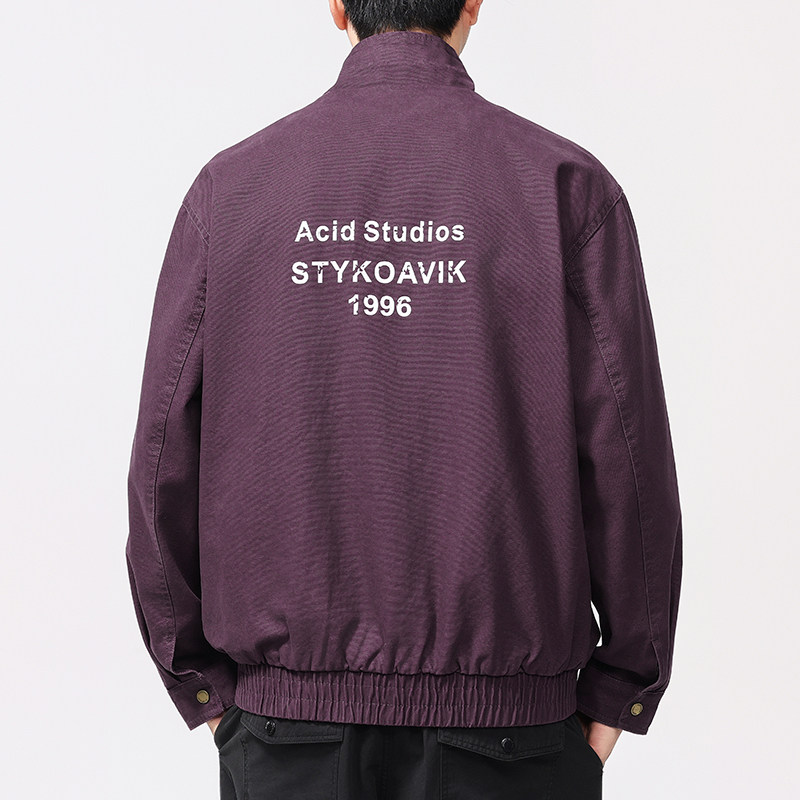 美式经典复古立领字母印花工装夹克男2025春季宽松痞帅纯棉外套潮