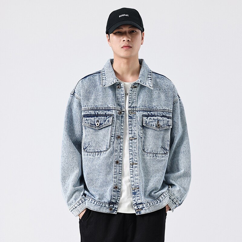 美式复古石磨水洗浅色牛仔外套男