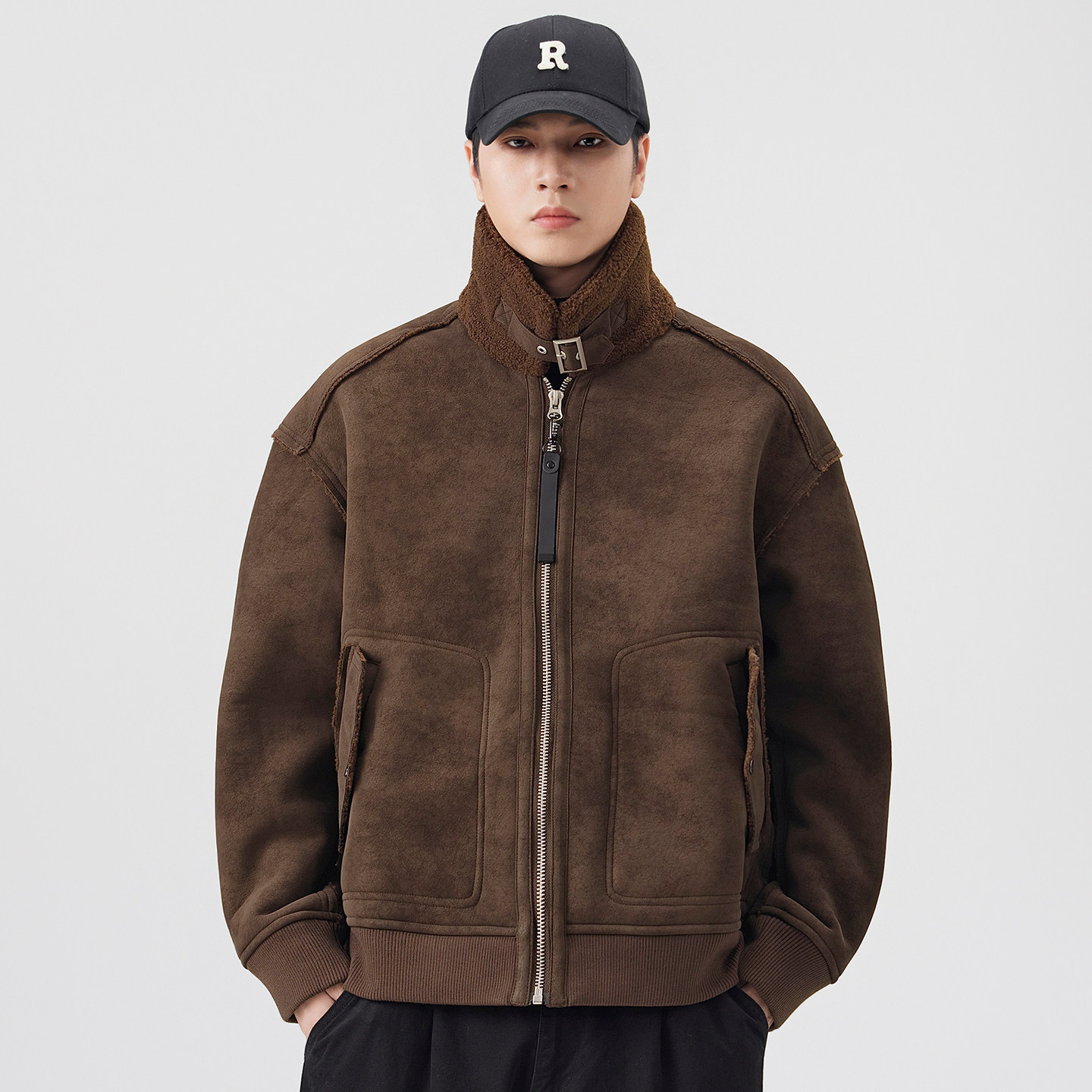 冬季加厚翻领羊羔绒工装棉服男