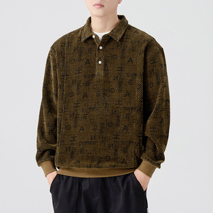 美式复古330g重磅雪尼尔提花Polo领卫衣男2025秋季宽松长袖上衣潮