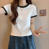 2026新款 t恤女夏季 显瘦设计感小众 上衣正肩短袖 拼接撞色纯棉短款