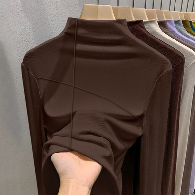 德绒加厚加绒棕色半高领打底衫女秋冬内搭新款上衣时尚洋气可外穿