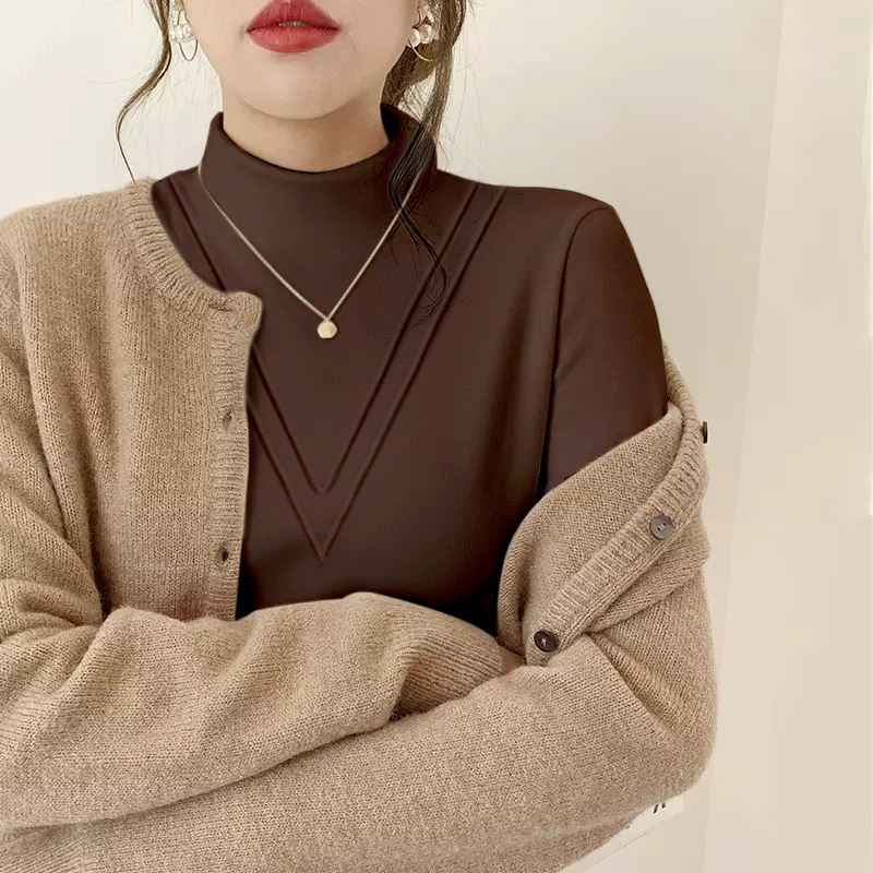 德绒加绒半高领棕色长袖打底衫女2025新款秋冬季洋气内搭时尚时髦
