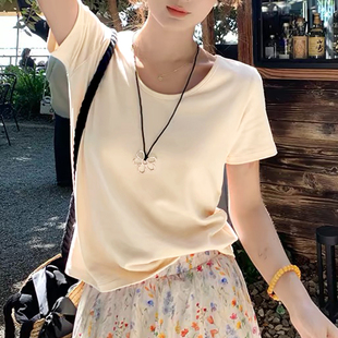 正肩杏色大U领纯棉短袖t恤女上衣2026夏季新款低领露锁骨宽松体恤