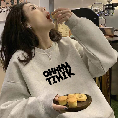 美式高街加绒加厚圆领无帽灰色卫衣女秋冬2025新款爆款时尚洋气