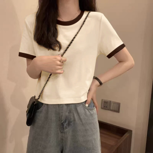 纯棉短袖 短款 t恤女高级感小众别致上衣 圆领修身 棕色拼接2026新款