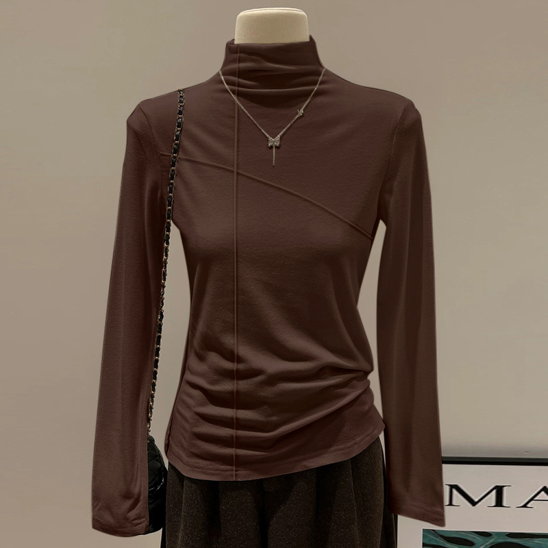 德绒棕色加厚加绒半高领内搭打底衫女2025新款秋冬季时尚洋气时髦
