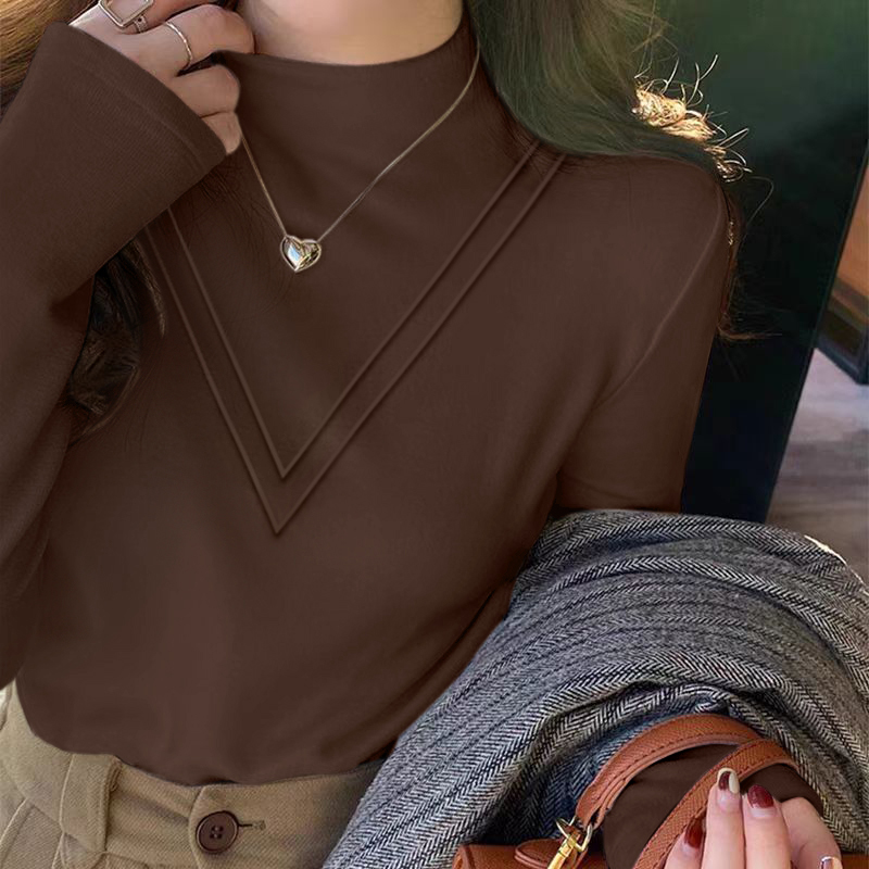 德绒加厚加绒棕色内搭独特别致半高领打底衫长袖女2025新款秋冬