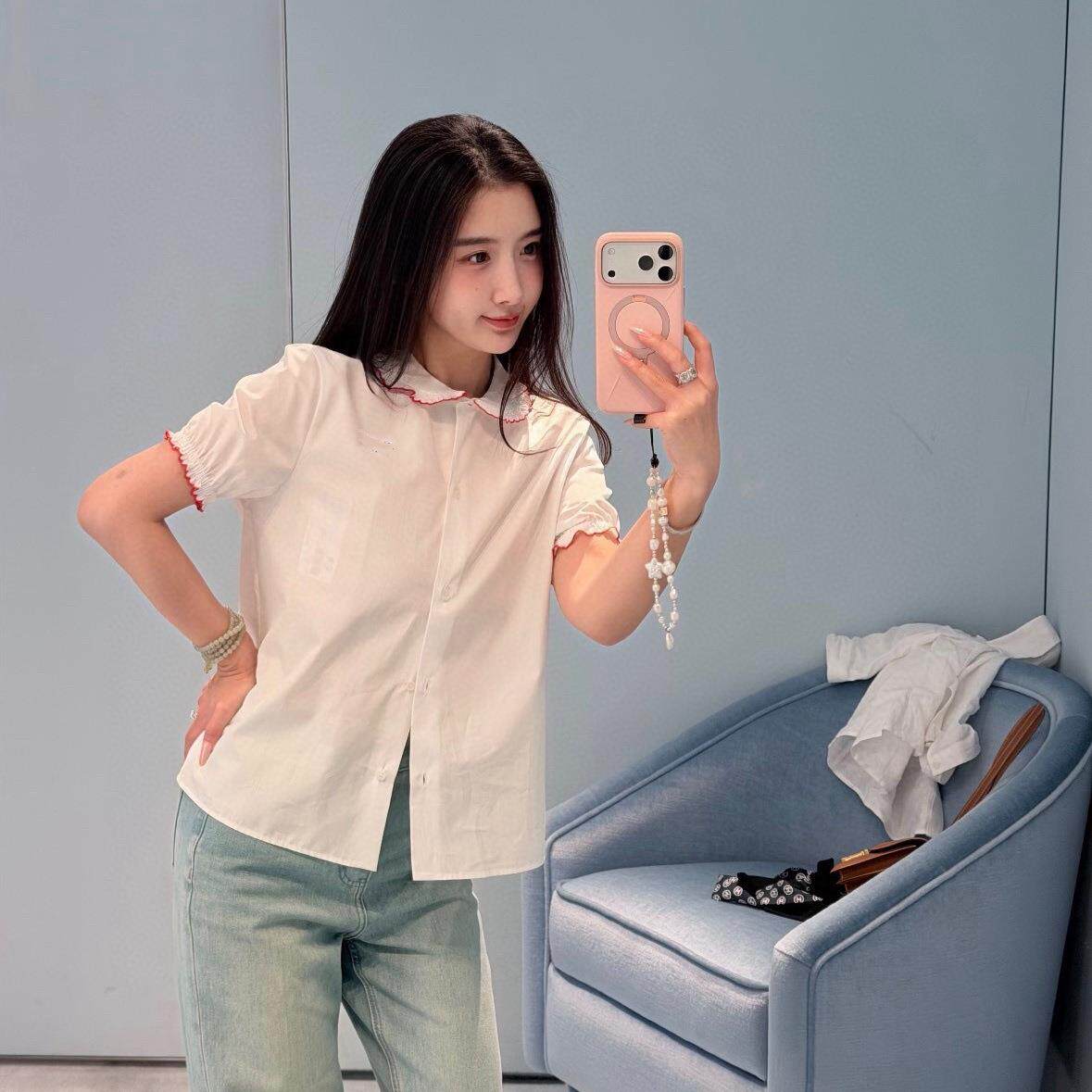木新款南油通勤撞色纯色娃娃简约耳边领女高定短袖衬2026早春新款