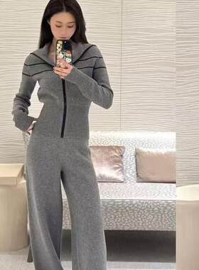 重工款式气质女装套装穿裤腿秋冬松紧女腰阔连帽外套提花现货在仓