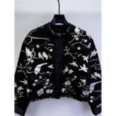 御姐名媛风外套女2025秋冬新款 黑色花鸟刺绣短外套立领粗花呢皮毛